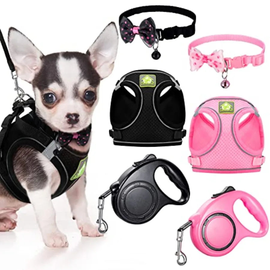 6 Pcs Small Dog or cat Harness with Retractable Leash and Bowknot Pet Collar Set for Small Dogs and Cats Soft Mesh Padded Vest Harness