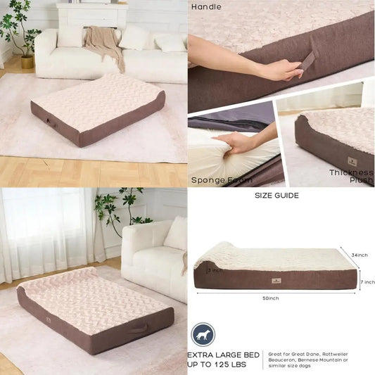Large Dog Orthopedic Memory Foam Bed - 7 Thick, Removable Cover, Waterproof Liner, 50L x 34W x 10H, Khaki Plush