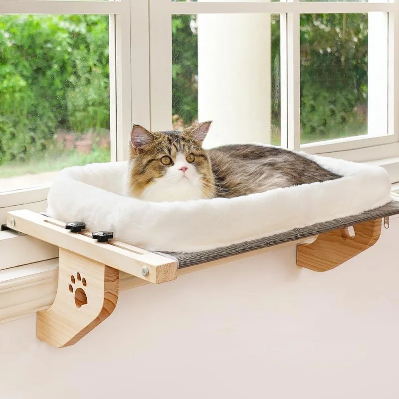 Cat Sill Window Perch Sturdy Hammock Window Seat with Cushion Bed Cover, Wood & Metal Frame for Large Cats, Easy to Adj