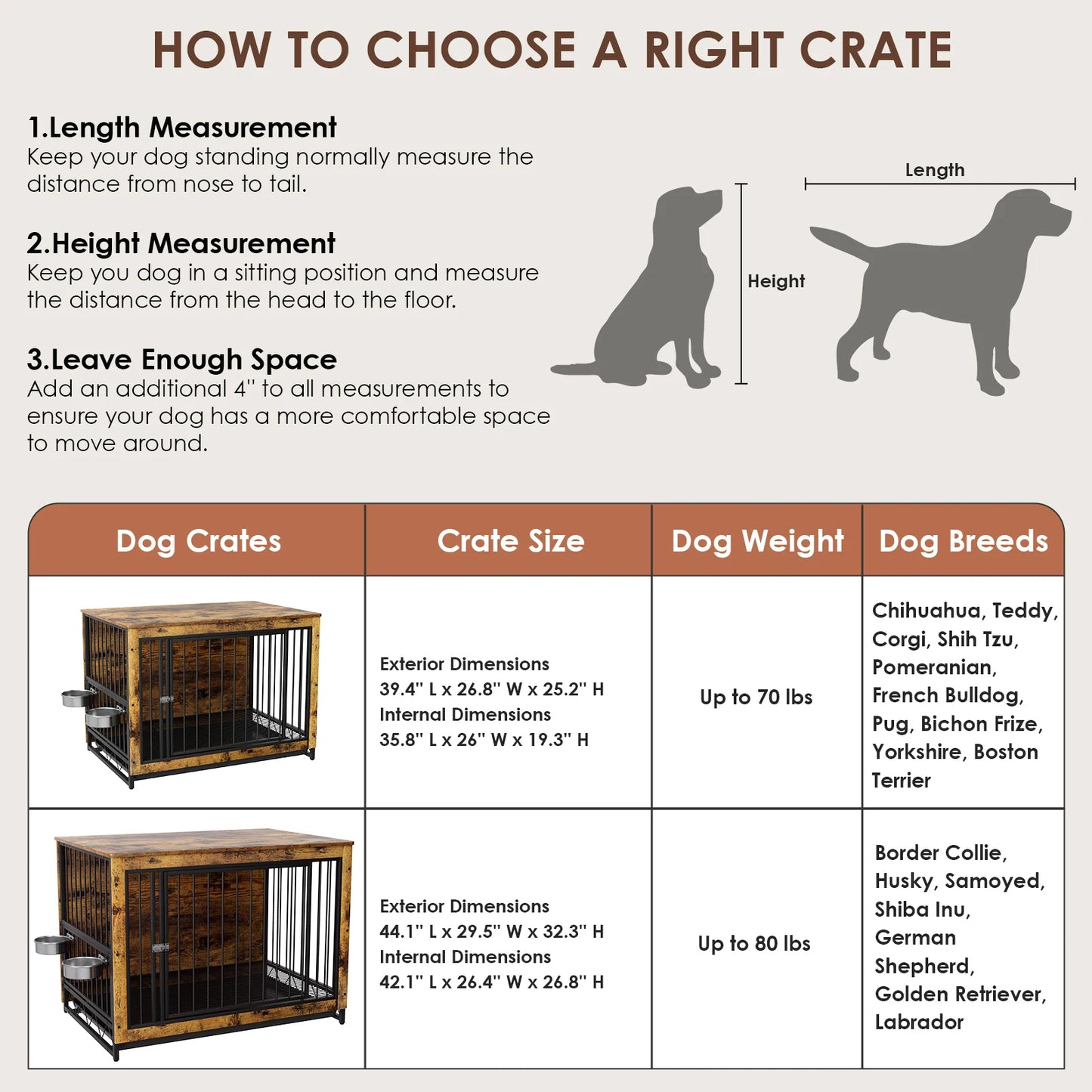 Furniture Style Dog Crate,Wooden Heavy Duty Dog Kennel with Adjustable Raised Feeder for Dogs 2 Stainless Steel Bowls Brown/Gray