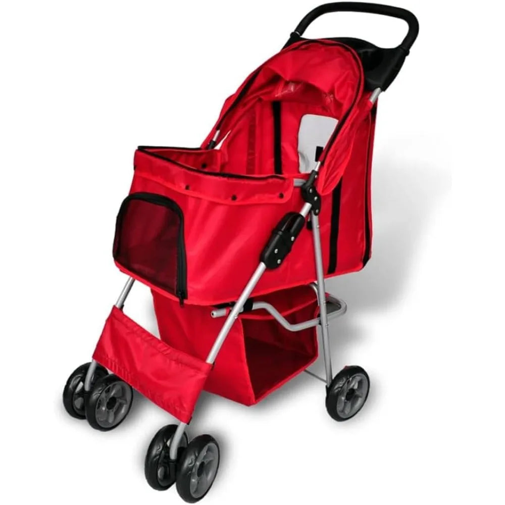 Red Pet Stroller for Dogs and Cats with Mesh Ventilation Foldable Design Lightweight Portable Carrier Dog Cat Travel Bag