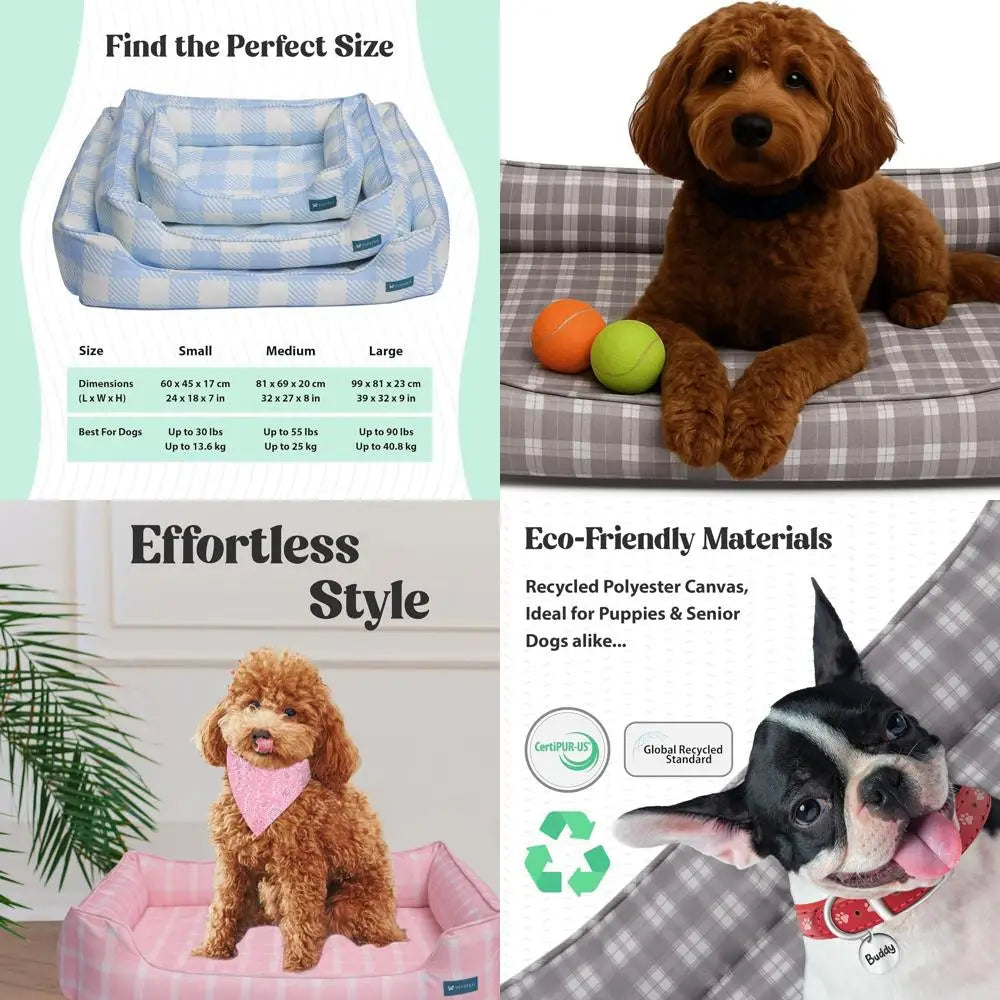 Medium Grey Plaid Orthopedic Bolster Dog Bed with CertiPUR-US Foam, Recycled Fabric, Washable Cover, and Anti-Slip Base