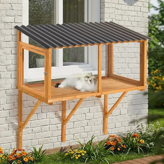 Cat Catio, Wall-Mounted Window Enclosure for Indoor Cats, Expandable Wooden Small Pet Perch House, Secure and Cozy Outdo