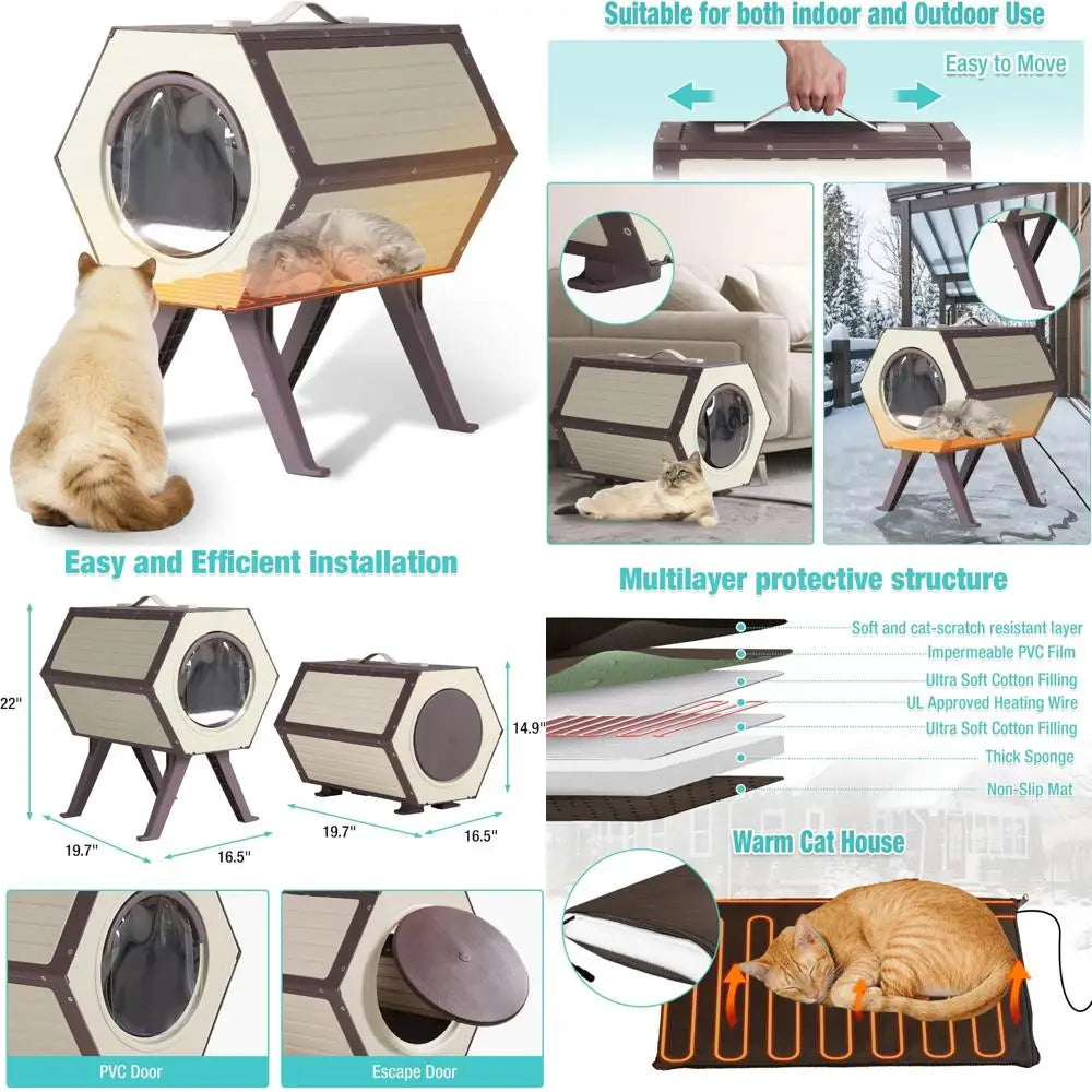 Heated Outdoor Cat Shelter with Temperature Control and Time Adjustment, Weatherproof Feral Cat House for Indoor and Outdoor Use