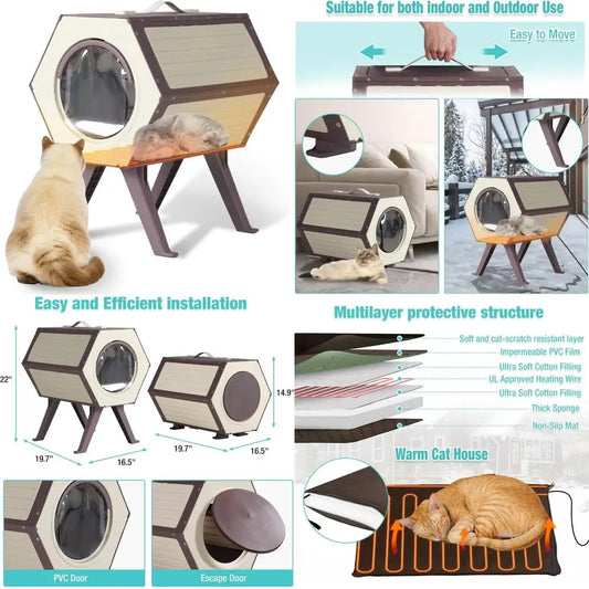Heated Outdoor Cat Shelter with Temperature Control and Time Adjustment, Weatherproof Feral Cat House for Indoor and Outdoor Use