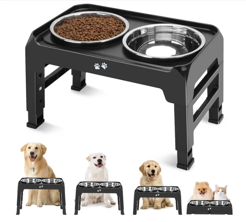 2 Thick 50oz Stainless Steel Food Bowls 4 Height Adjustable Raised Bowl Foldable Pet Rack Dog Food Bowl Feeding Black