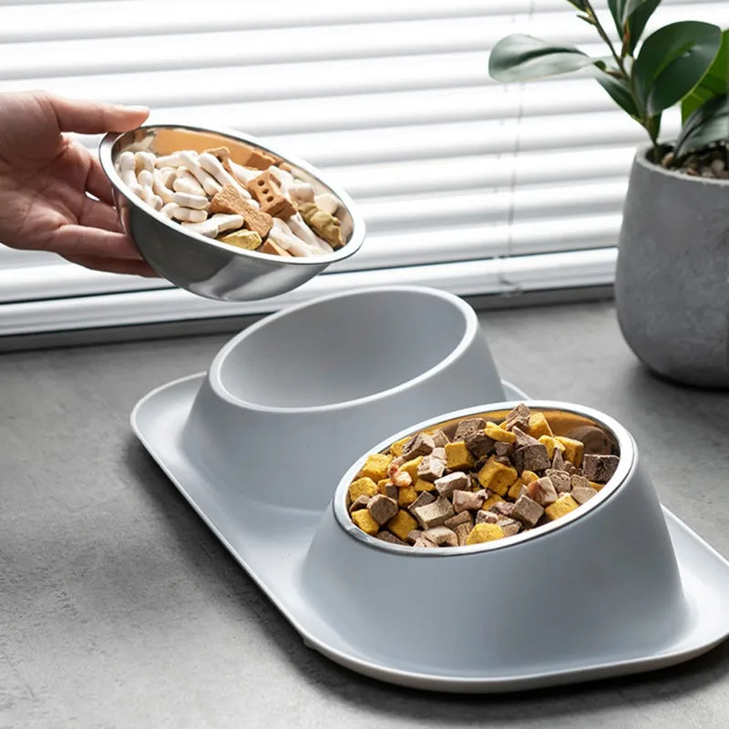 Stainless Steel Double Cat Dog Bowl Cat Food Container Plastic Non-slip Base Pet Water Feeder Tilt Safeguard Neck Puppy Cat Bowl