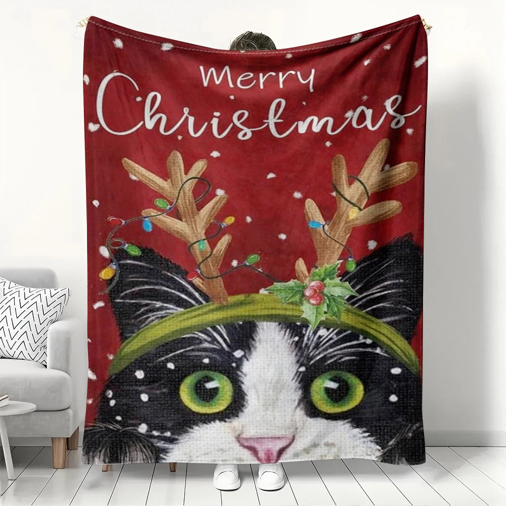 Merry Christmas Cat Reindeer Antlers Fleece Blanket Soft Cozy Festive Throw for Couch Bed Dorm Camping Office Holiday Gift