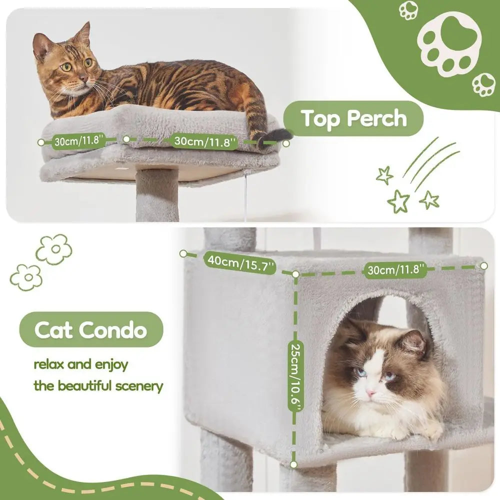 66 Large Cat Tower with Scratching Posts, Plush Hammock, Adjustable Basket, and Top Perch in Light Gray