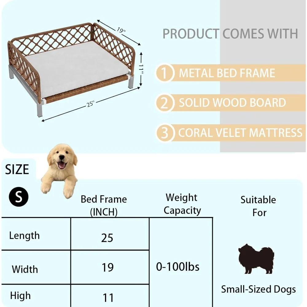 brown wicker orthopedic dog bed with removable washable cushion and egg crate foam support for outdoor use