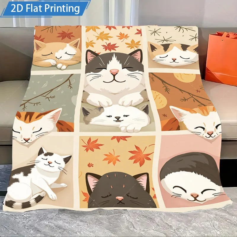 1pc Flannel Blanket Cute Sleeping Cats Blanket Autumn Leaves Pattern Soft Cozy Throw for Couch Bed Home Decor