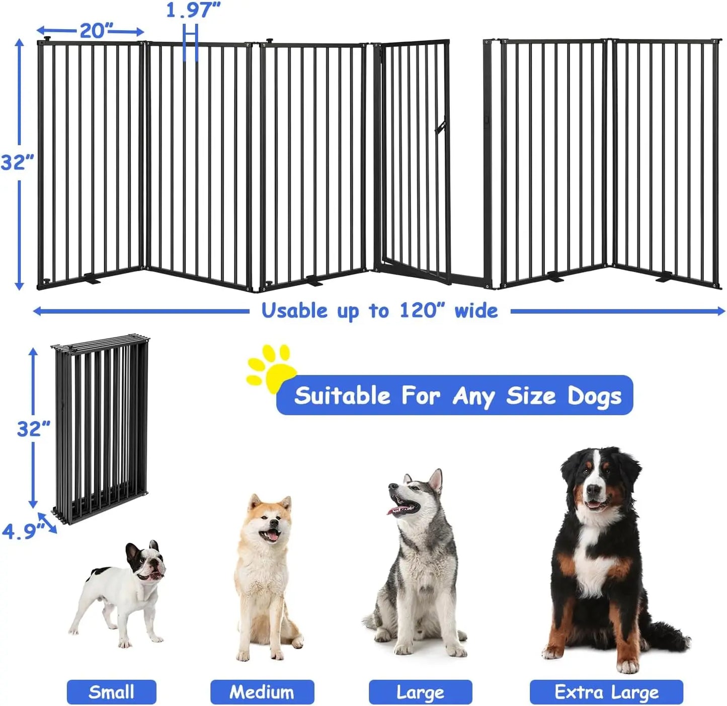 6 Panels Metal Freestanding Dog Gates with Door,120''W Detachable Foldable Dog Fence Indoor Outdoor Puppy Gate