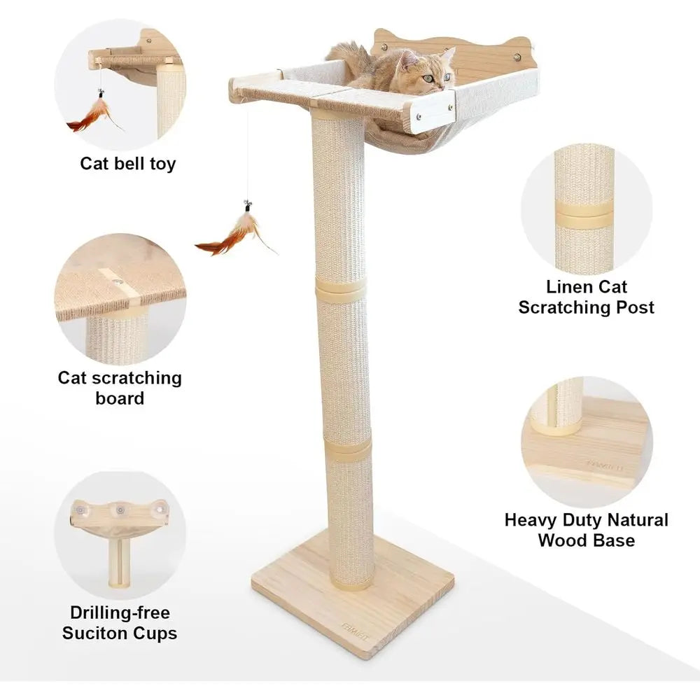 Enhanced Cat Window Scratching Tower, 47.3 Adjustable Post with Suction Cup, Multi-Level Perch for Play, Bird Watching, Supports