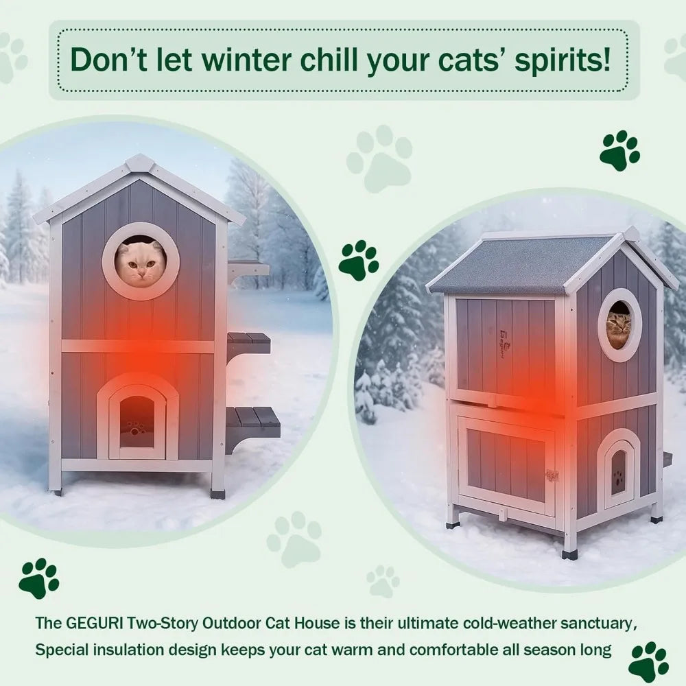Two-Story Insulated Outdoor Heated Cat House for Winter, Shelter for Feral Cats with Thermal Layer and Removable Roof