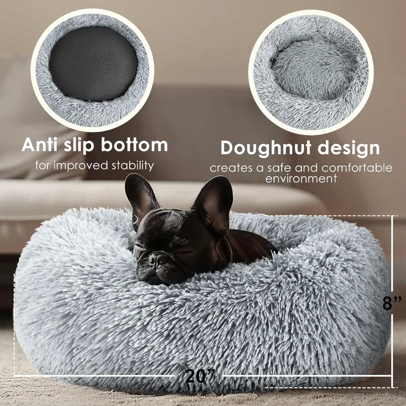 Dog & Cat Bed for Indoor Cats, 20in Calming Donut Bed for Puppy and Kitten, Washable for Small Medium Dogs and Cats (Light Grey)