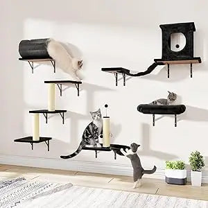 7-in-1 Wall Mounted Cat Climber Set, Cat Furniture Set with House, Bridge, Tree, Steps, Scratcher, DIY Playground, Shelves for