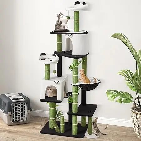 Indoor Cat Tower 71.3 Inches High with Panda Design, Spacious Kitty Condo and Sisal Scratching Posts for Cats