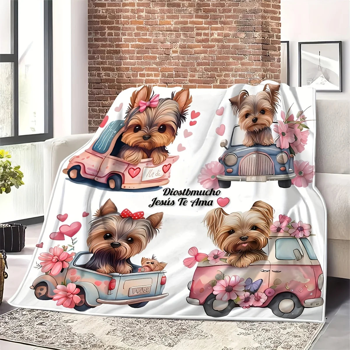 Cozy Yorkie Cartoon Print Flannel Blanket - Soft, Warm, Tear-Resistant, All-Season Home Throw for Bedroom, Living Room, Office |