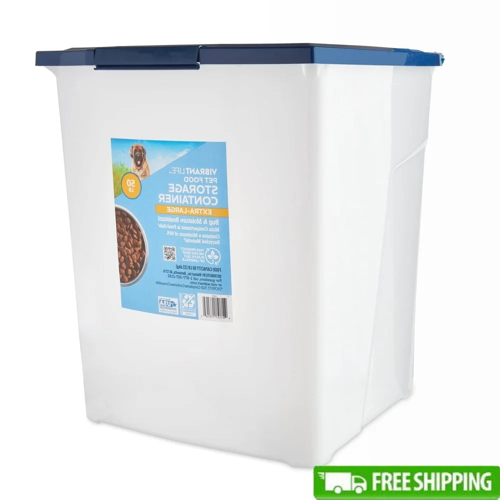 Extra-Large Plastic Pet Food Storage Container with Locking Lid Roller Wheels Bug Moisture Resistant Food Safe 50 lb Capacity