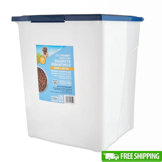 Extra-Large Plastic Pet Food Storage Container with Locking Lid Roller Wheels Bug Moisture Resistant Food Safe 50 lb Capacity