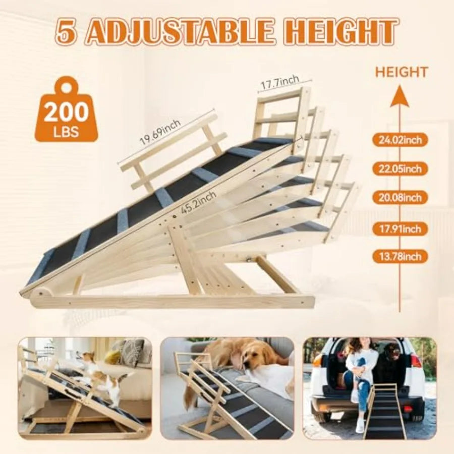 Wooden Dog Ramp for Bed 5 Level Adjustable Ramp for Dog Doulbe AntiSlip Pet Ramp with Rails