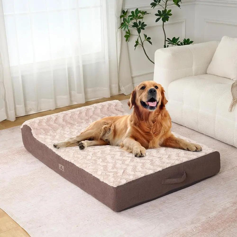 Large Dog Orthopedic Memory Foam Bed - 7 Thick, Removable Cover, Waterproof Liner, 50L x 34W x 10H, Khaki Plush