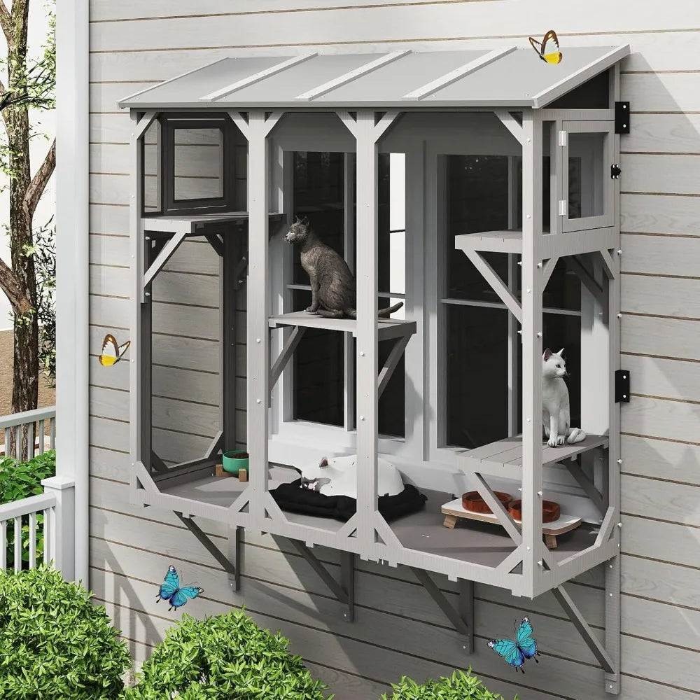Cat Catio, Expandable Window Box Enclosure for Multiple Indoor Cats, Comfortable Wooden Small Pet Perch House, All-Weather Use