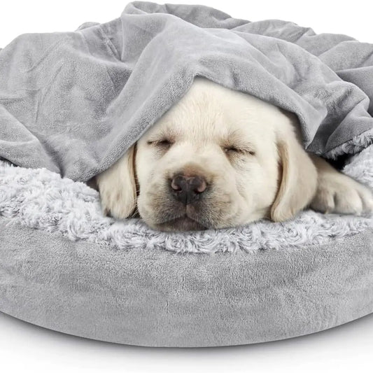 Small Dog Bed Cat Bed with Hooded Blanket, Cozy Cuddler Luxury Puppy Pet Bed, Donut Round Calming Anti-Anxiety Dog Burrow Cave B