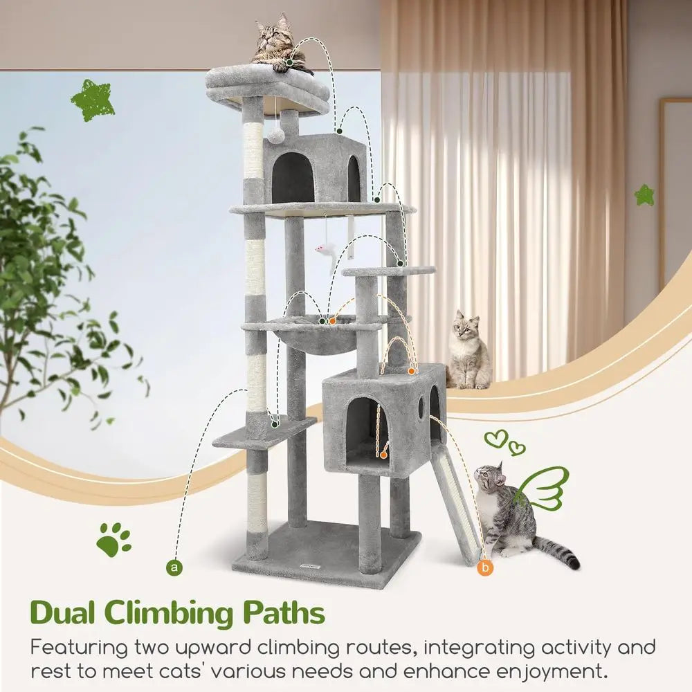 70 Heavy-Duty Indoor Cat Tower, Extra Large Scratch Post with Hammock and Condo, Ideal for Adult and Kitten Cats, Light Grey F70