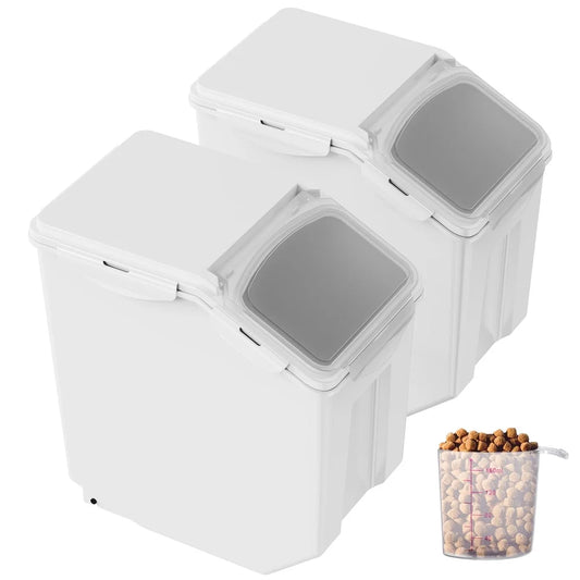 Food Storage Container Set 15L Airtight Dog Pet Food Bins with Measuring Cups Wheels Clear Lid PP Durable Moisture Proof 2 Pack