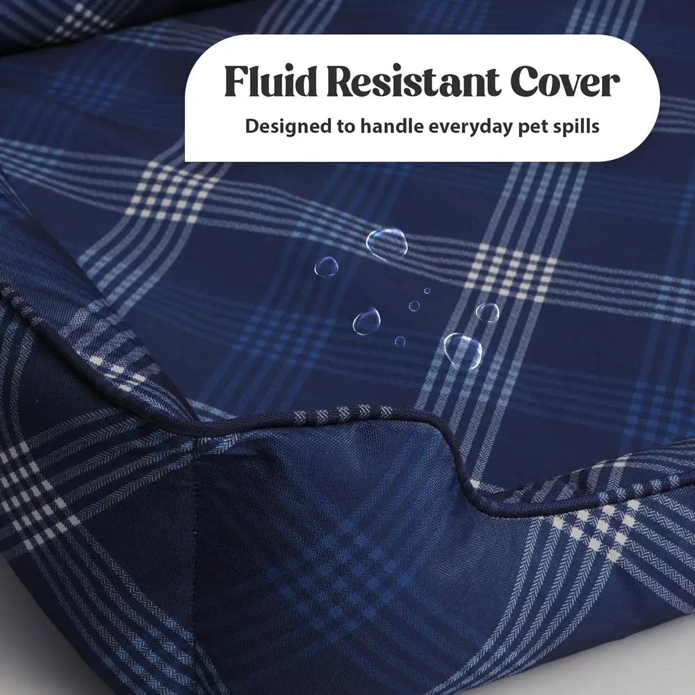 Medium Grey Plaid Orthopedic Bolster Dog Bed with CertiPUR-US Foam, Recycled Fabric, Washable Cover, and Anti-Slip Base