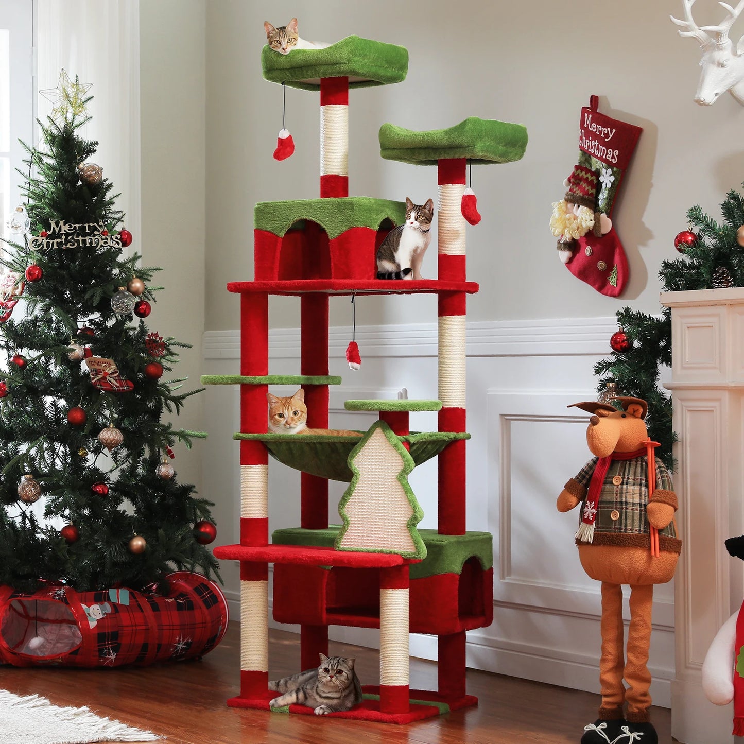 Christmas Cat Tree with Sisal Scratching Posts Spacious Condo Hammock Tall Large Cat Tower for Indoor Cat House Bed Cat Toys