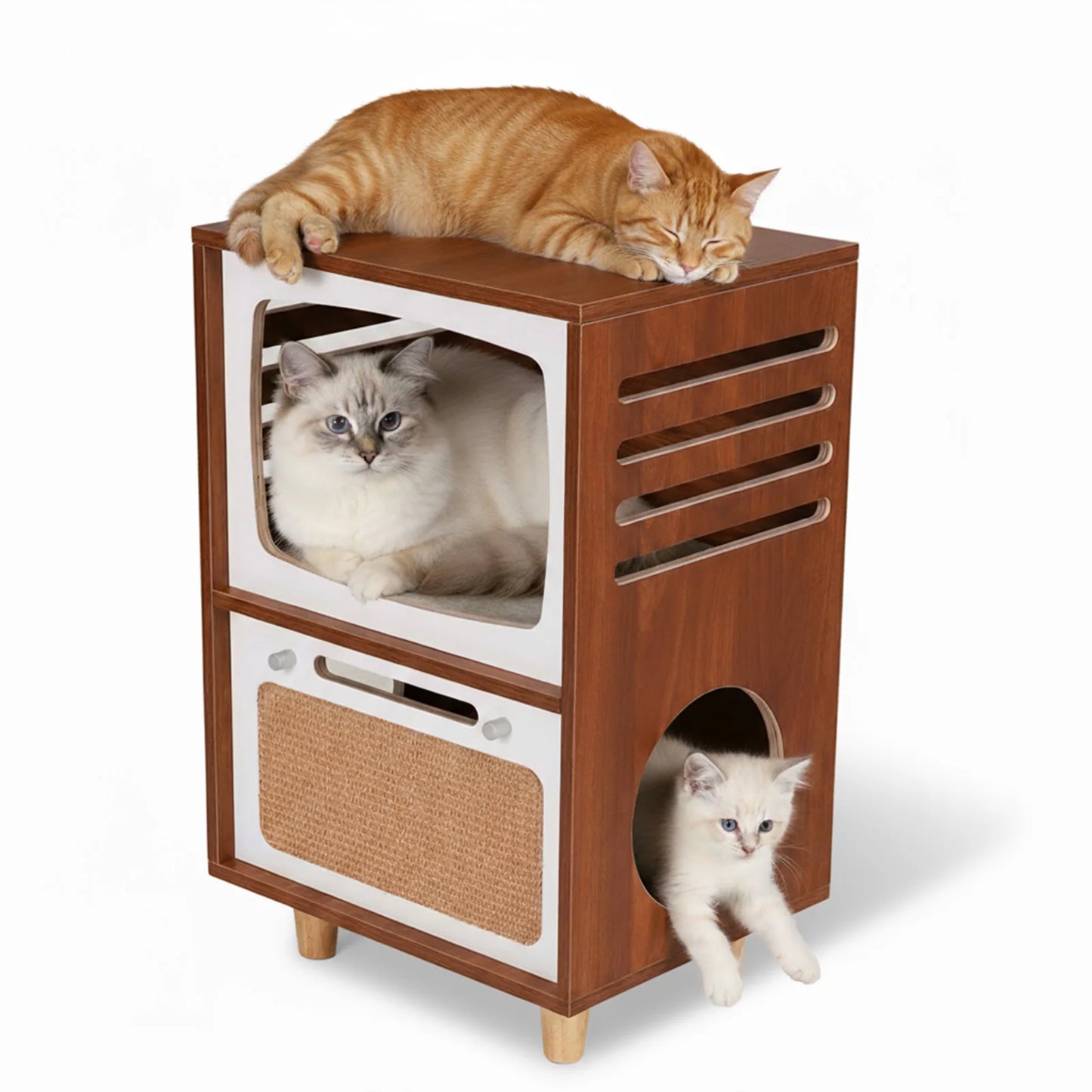 Retro TV-Style 2-Tier Cat Activity Center with Scratching Board Novelty Cat Bed Breathable for Pet Playground Small Nest