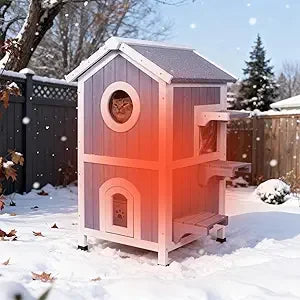 Two-Story Insulated Outdoor Heated Cat House for Winter, Shelter for Feral Cats with Thermal Layer and Removable Roof