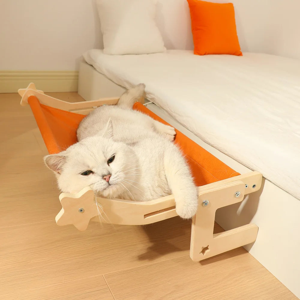 Sturdy Hammock Seat with Cushion Bed Cover, Wood & Metal Frame for Large Cats, Easy To Adjust Windowsill, Bedside, Drawer