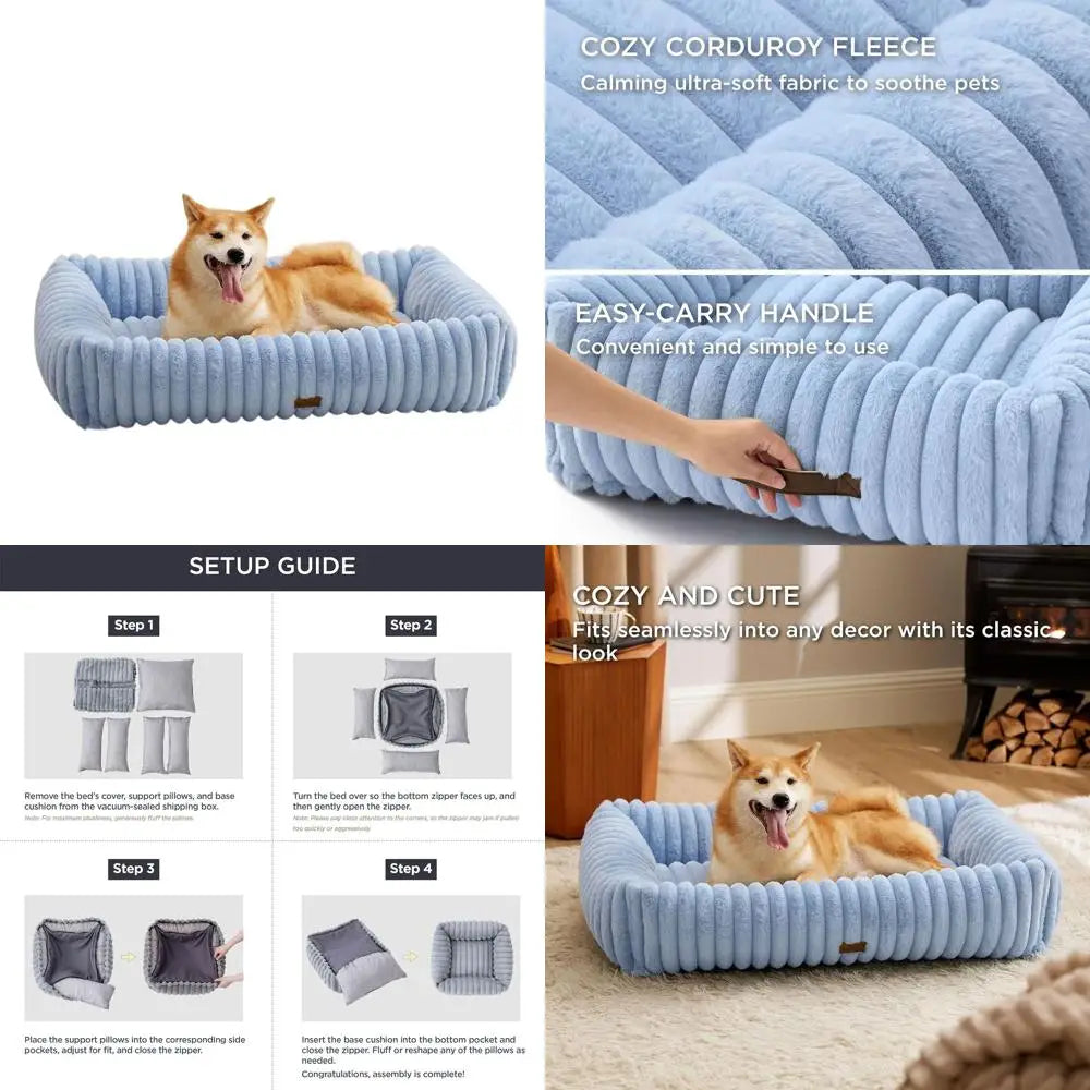 Large Dog Orthopedic Bed - Removable Cover, Rectangle Corduroy Fleece, 36x27x8in Blue