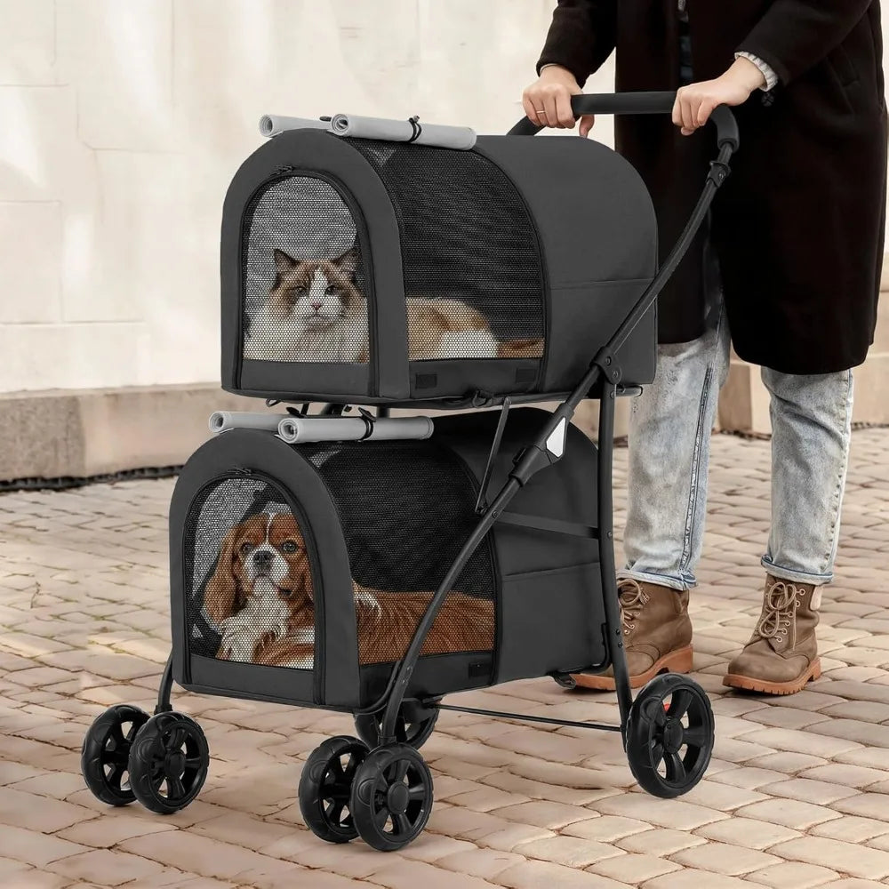 Double Dog Stroller with 2 Detachable Carrier Bags, 4-Wheel Folding Pet Travel Strolling Cart with Storage Pocket for S