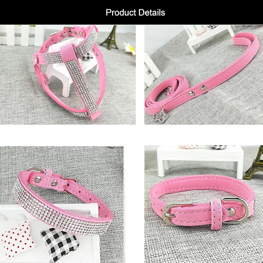 Fashion Dog Collar Harness Lead Sets for Small Dogs Comfortable Soft DiamanteDecorated Collar Adjustable Harness and Leash Set