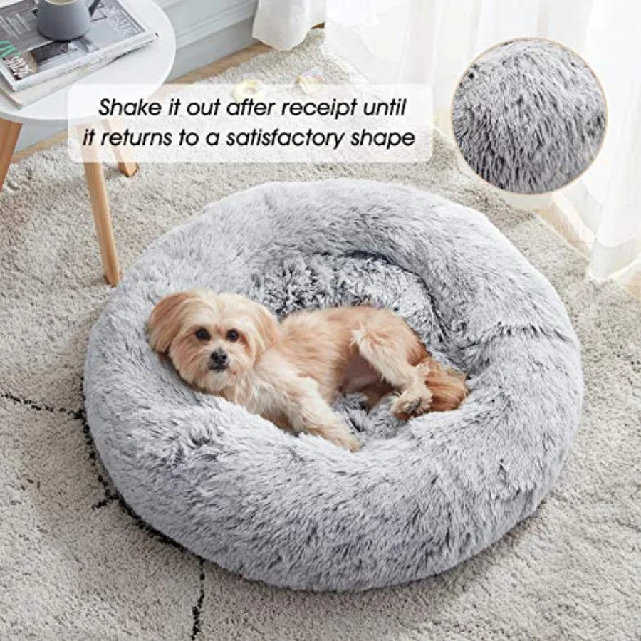 Calming Soft Round Dog Cat Bed AntiAnxiety Donut Cuddler Warming Cozy Fluffy Faux Fur Plush Cushion Bed for Small Medium Dogs a