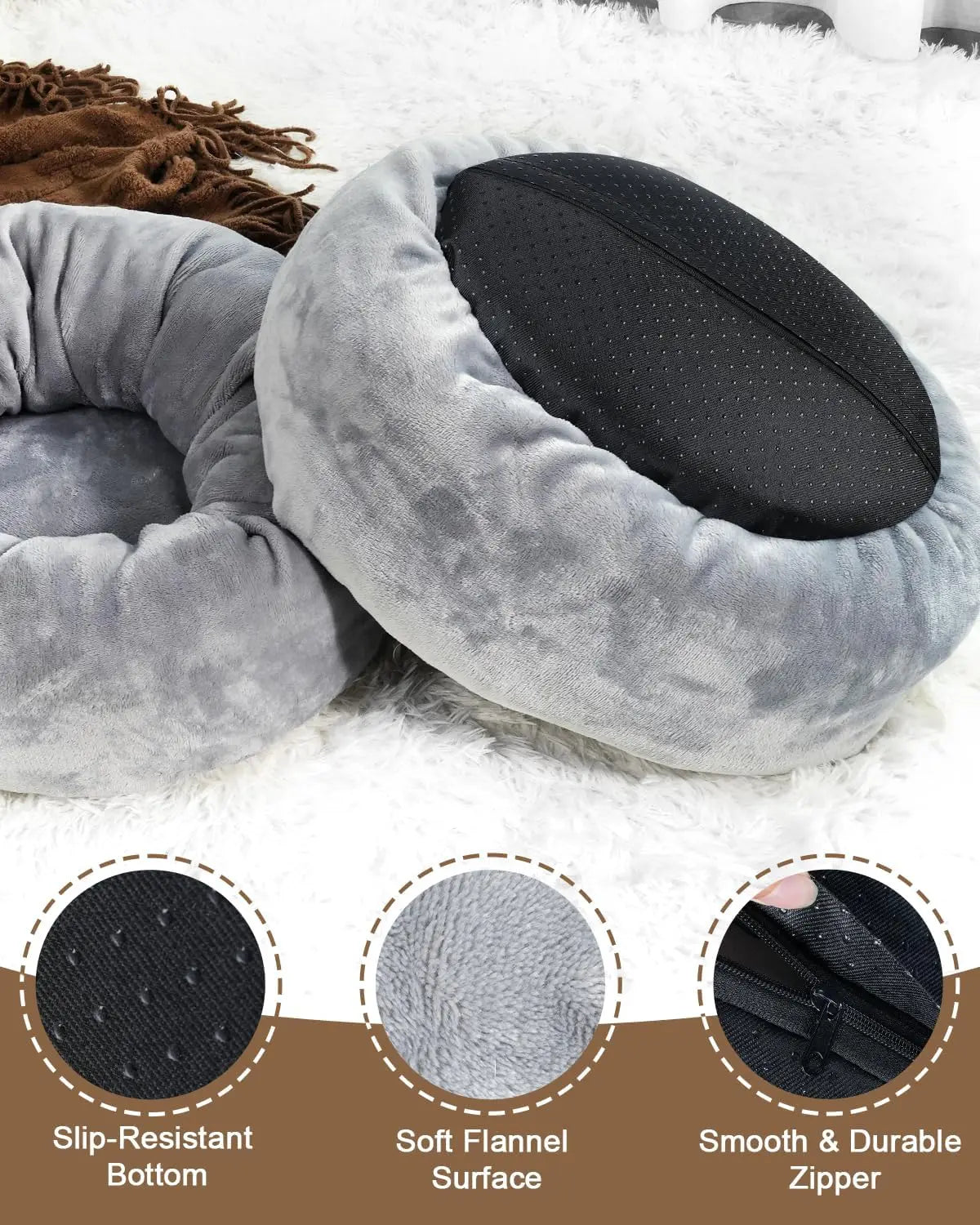 Donut Dog Bed with Pocketed Coils, Detachable Washable Puppy Bed, Round Flannel Anti-Anxiety Pet Bed, 20 in, Gray
