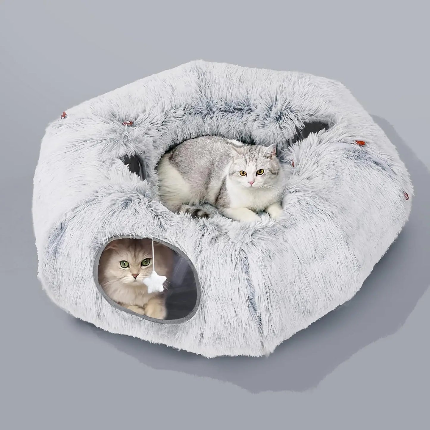 Cat Tunnel Bed – Washable Donut-Style Christmas Tree Skirt for Indoor Cats – Soft & Warm – Grey