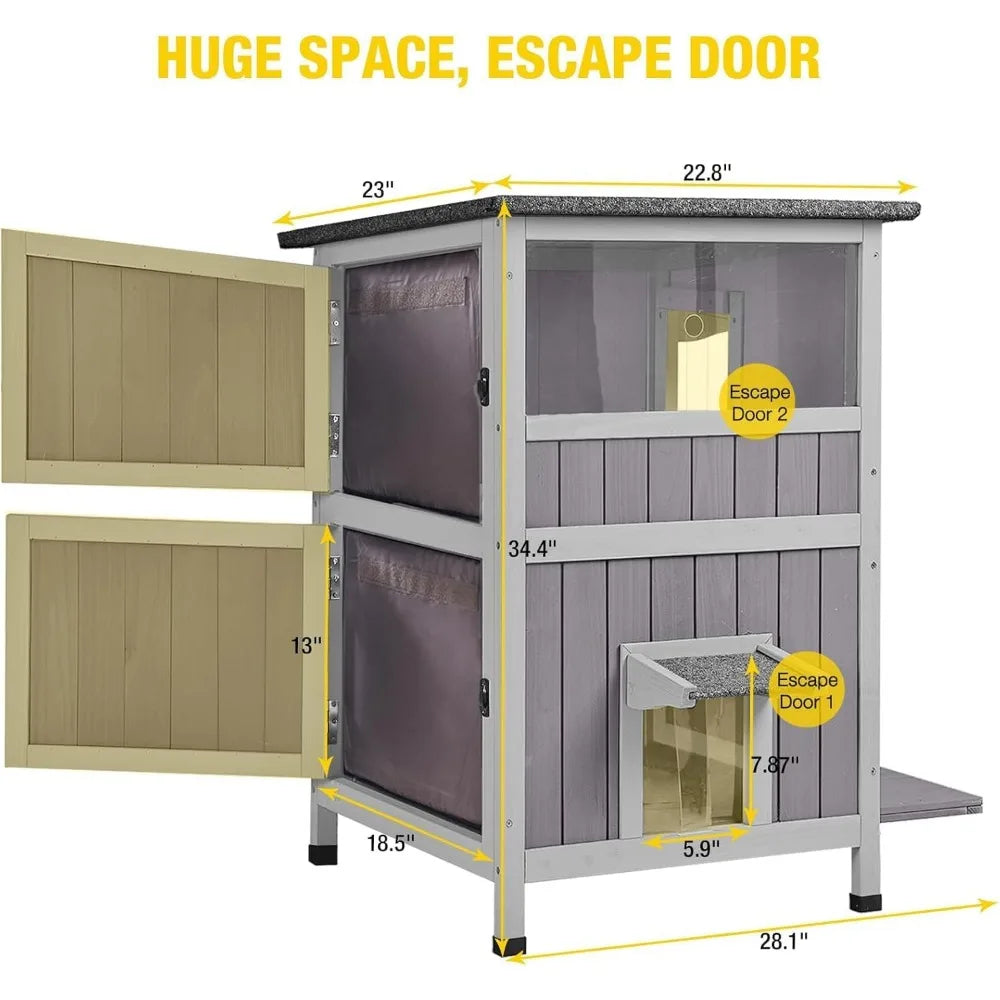 Two-Story Weatherproof Feral Cat Shelter - Wooden Cat Condos with Outdoor Heated Enclosure for Winter Protection