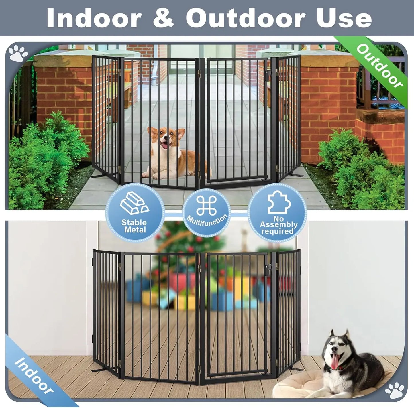 Metal Freestanding Dog Gates with Door for Outdoor Indoor,80'' Extra Wide 32'' Tall Free Standing Dog Gate for Doorways