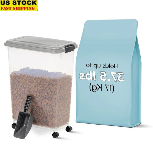 Airtight Pet Food Container 37.5L with Scoop Durable Storage Bin Dog Cat Easy Access Clear Body Wheeled Design