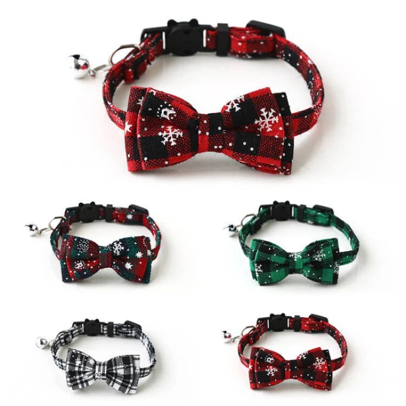 Christmas Bowknot Cat Small Dog Collar with Bell Plaid Snowflake Adjustable Breakaway Pet Puppy Kitten Buckle Necklace