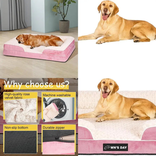 Extra Large Orthopedic Memory Foam Dog Bed, Washable & Waterproof Cover, XL Pink Pet Sofa