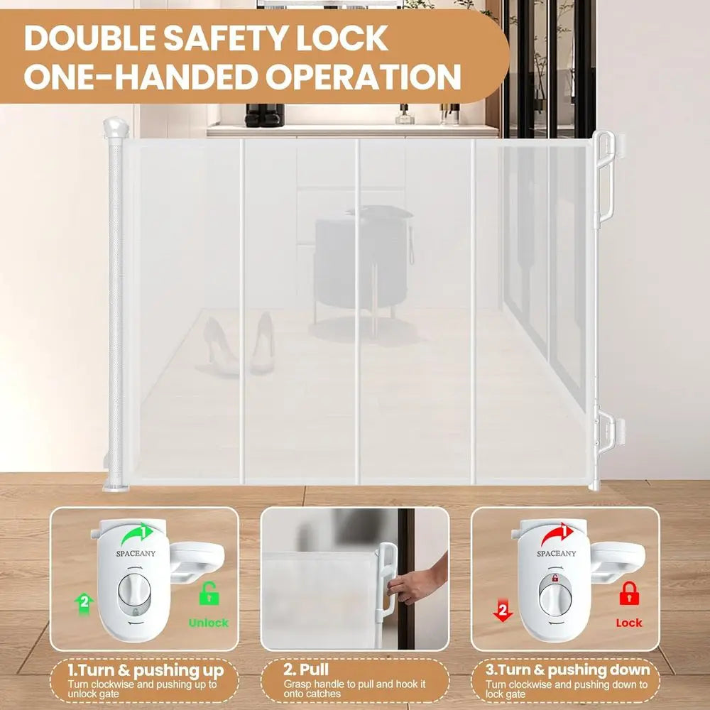 Reinforced Retractable Baby Gate or Mesh Dog Gate,Easy to Use for Stairs, Doorways, Hallways, Indoor, Outdoor, Wide Pet Gate 33.