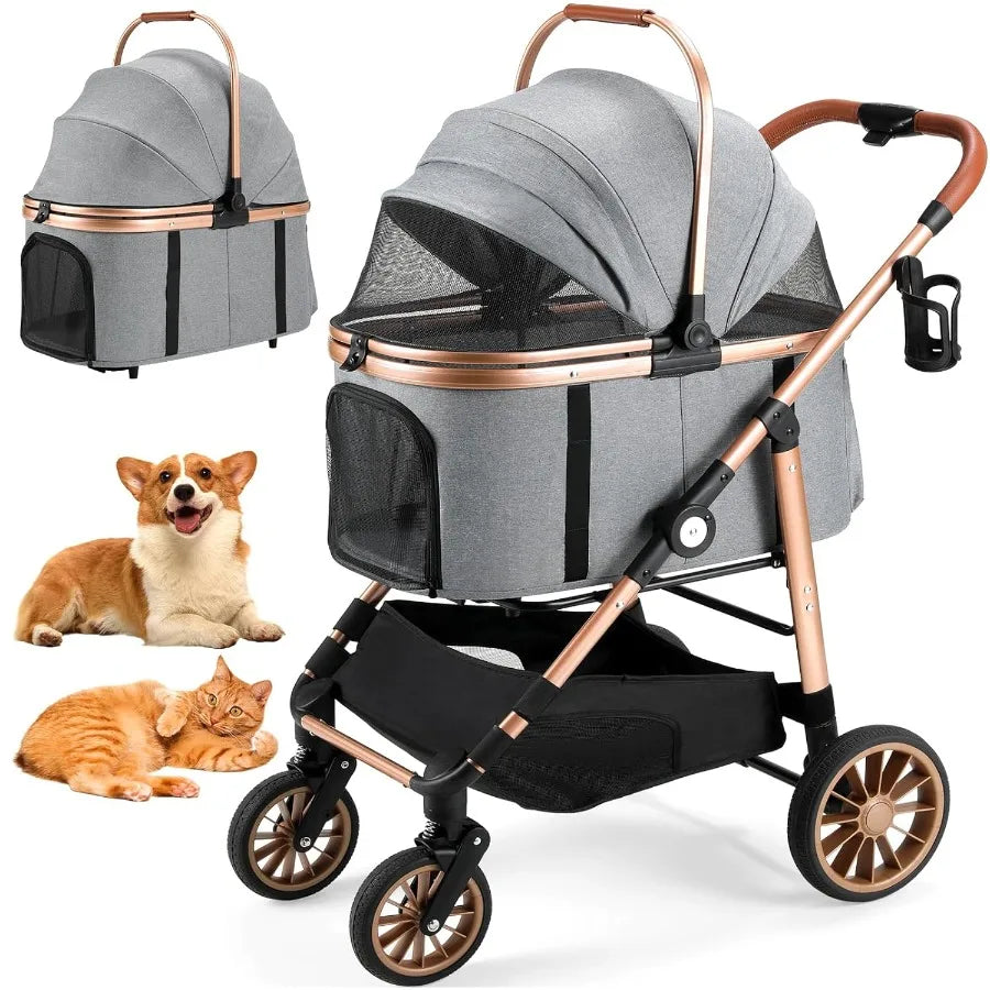 Foldable 4 Wheels Pet Stroller for Small Medium Dogs Cats up to 55lbs 3in1 Dog Stroller Detachable Carrier and OneClick Folding