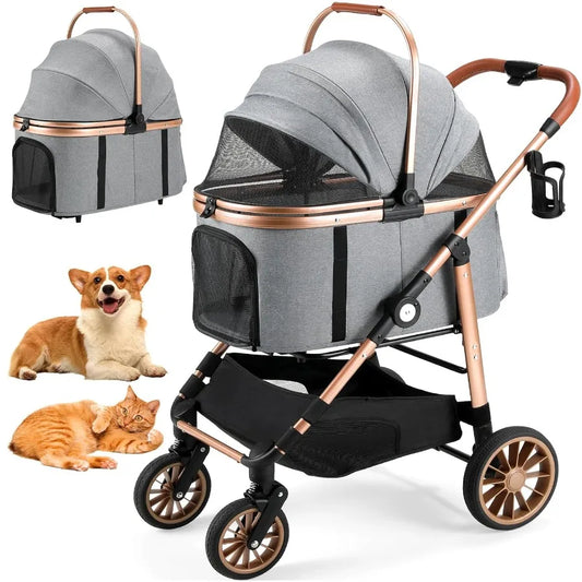 Foldable 4 Wheels Pet Stroller for Small Medium Dogs Cats up to 55lbs 3in1 Dog Stroller Detachable Carrier and OneClick Folding