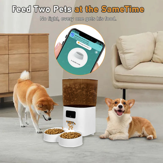 Pet Feeder with Dual Bowls, WiFi APP Remote Control Cat Food Dispenser, Timed Quantitative Battery & USB Power Supply Dog Feeder